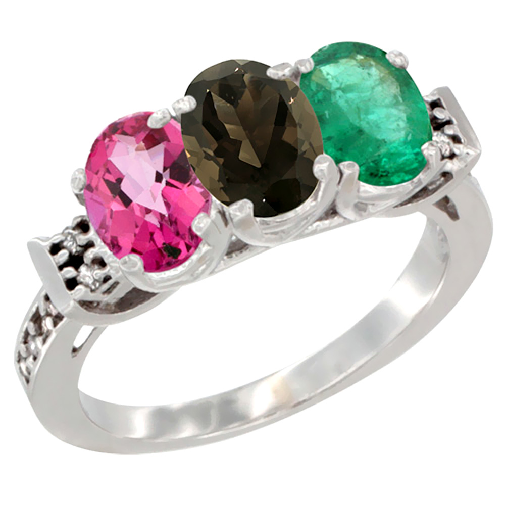 14K White Gold Natural Pink Topaz, Smoky Topaz & Emerald Ring 3-Stone 7x5 mm Oval Diamond Accent, sizes 5 - 10