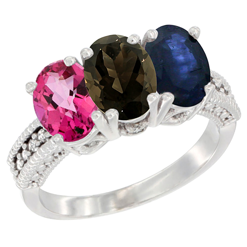 10K White Gold Natural Pink Topaz, Smoky Topaz & Blue Sapphire Ring 3-Stone Oval 7x5 mm Diamond Accent, sizes 5 - 10