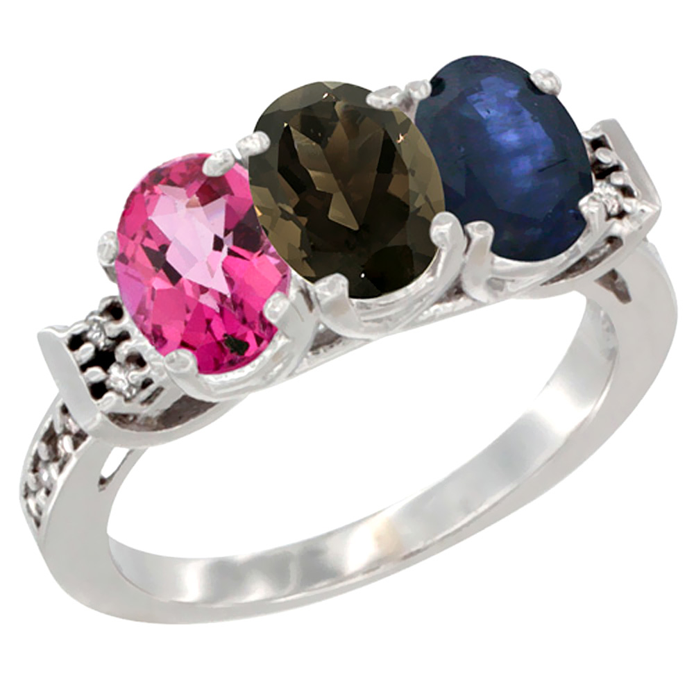 14K White Gold Natural Pink Topaz, Smoky Topaz & Blue Sapphire Ring 3-Stone 7x5 mm Oval Diamond Accent, sizes 5 - 10