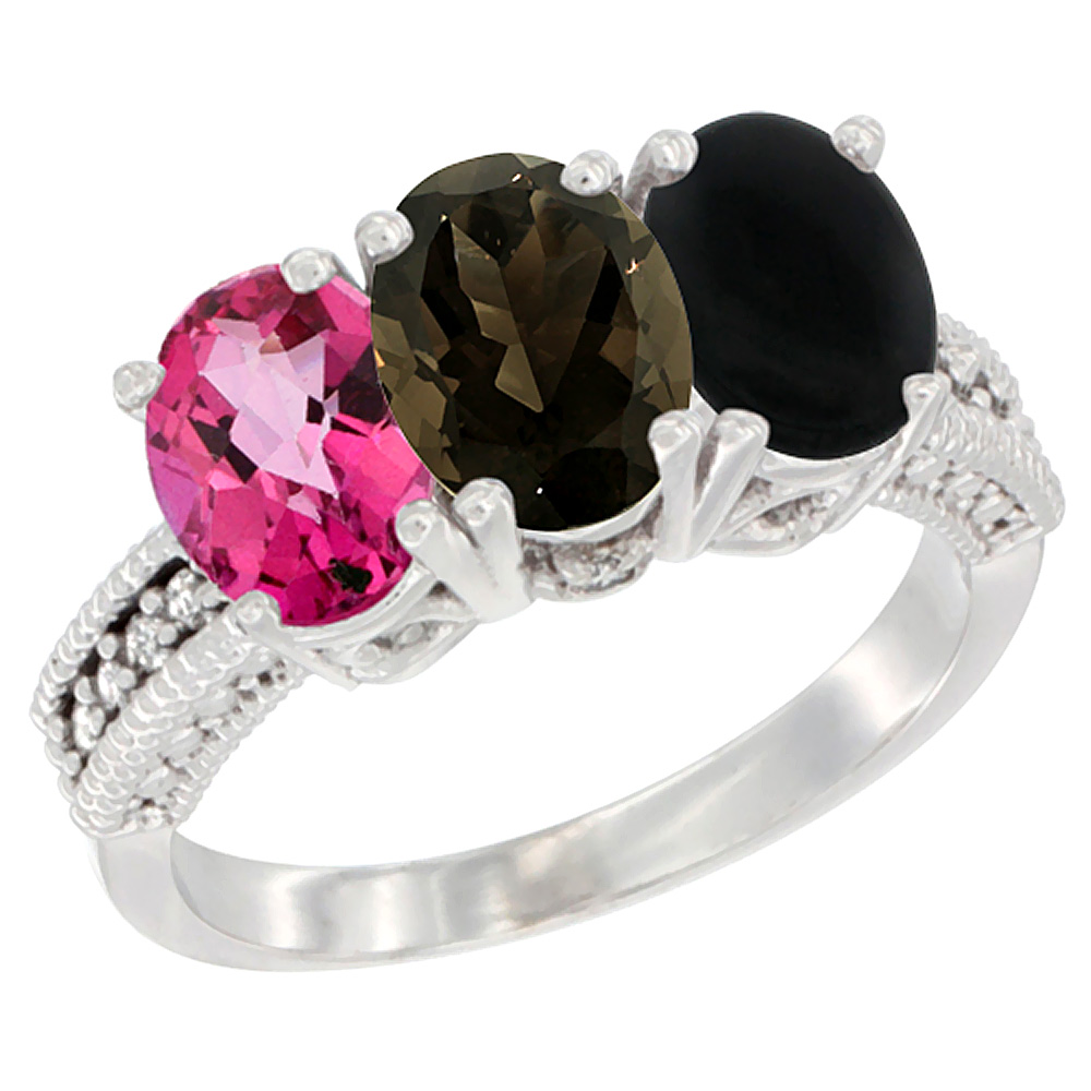 10K White Gold Natural Pink Topaz, Smoky Topaz &amp; Black Onyx Ring 3-Stone Oval 7x5 mm Diamond Accent, sizes 5 - 10