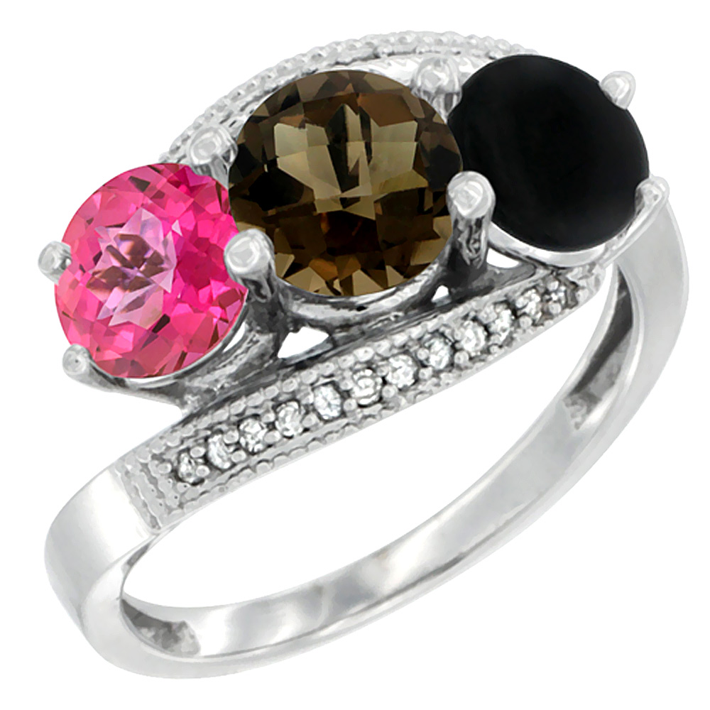 10K White Gold Natural Pink Topaz, Smoky Topaz & Black Onyx 3 stone Ring Round 6mm Diamond Accent, sizes 5 - 10