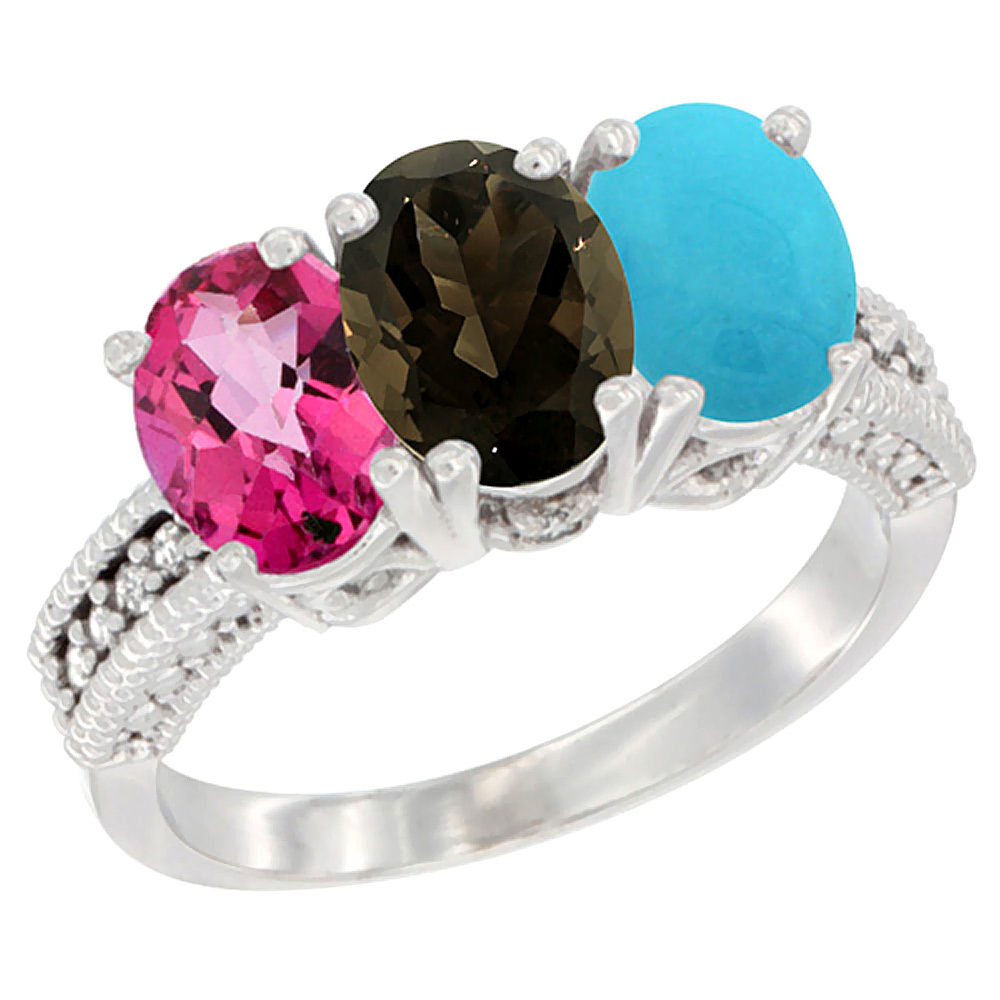 14K White Gold Natural Pink Topaz, Smoky Topaz & Turquoise Ring 3-Stone 7x5 mm Oval Diamond Accent, sizes 5 - 10