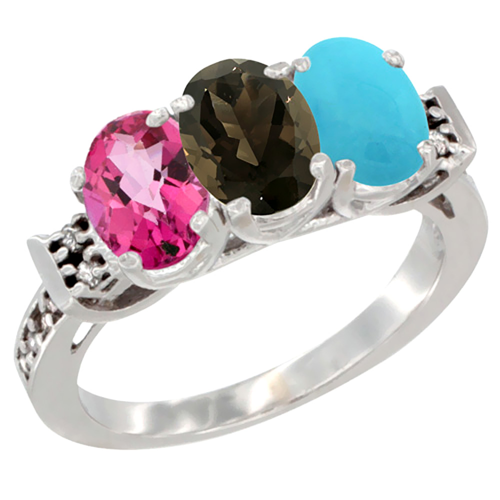 10K White Gold Natural Pink Topaz, Smoky Topaz & Turquoise Ring 3-Stone Oval 7x5 mm Diamond Accent, sizes 5 - 10