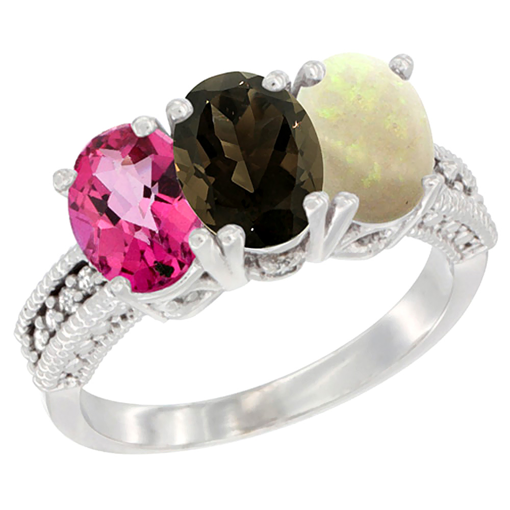 10K White Gold Natural Pink Topaz, Smoky Topaz & Opal Ring 3-Stone Oval 7x5 mm Diamond Accent, sizes 5 - 10