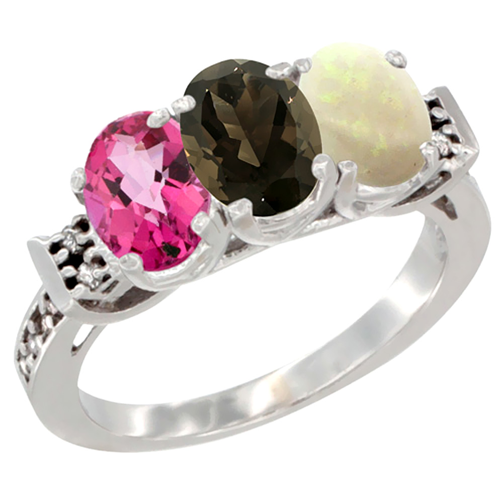 10K White Gold Natural Pink Topaz, Smoky Topaz &amp; Opal Ring 3-Stone Oval 7x5 mm Diamond Accent, sizes 5 - 10