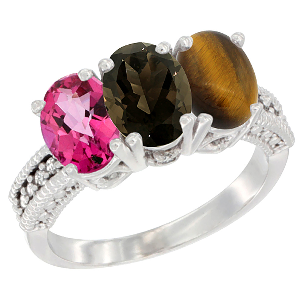 14K White Gold Natural Pink Topaz, Smoky Topaz & Tiger Eye Ring 3-Stone 7x5 mm Oval Diamond Accent, sizes 5 - 10