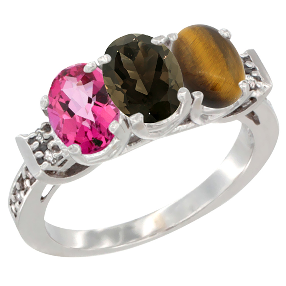 10K White Gold Natural Pink Topaz, Smoky Topaz &amp; Tiger Eye Ring 3-Stone Oval 7x5 mm Diamond Accent, sizes 5 - 10