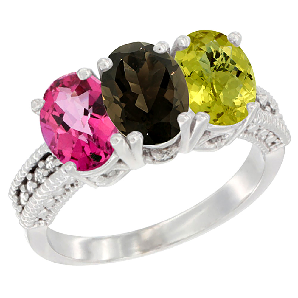 14K White Gold Natural Pink Topaz, Smoky Topaz & Lemon Quartz Ring 3-Stone 7x5 mm Oval Diamond Accent, sizes 5 - 10