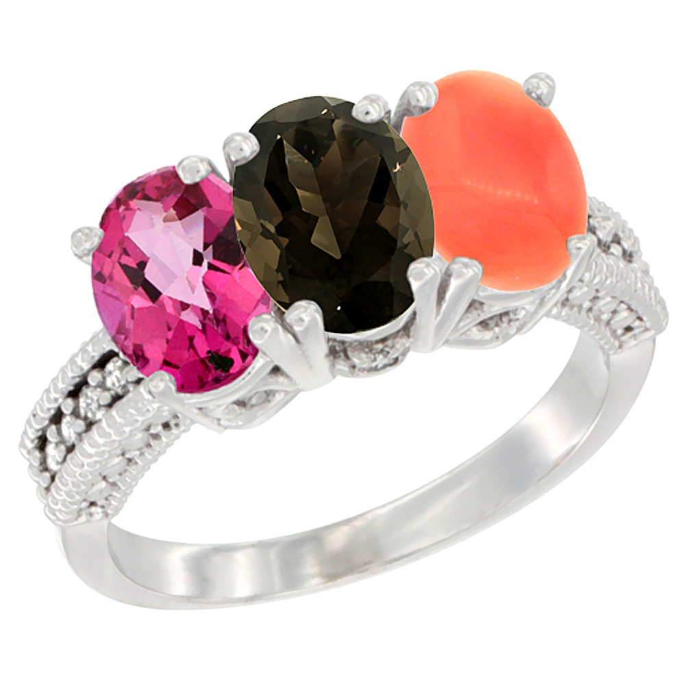 14K White Gold Natural Pink Topaz, Smoky Topaz &amp; Coral Ring 3-Stone 7x5 mm Oval Diamond Accent, sizes 5 - 10