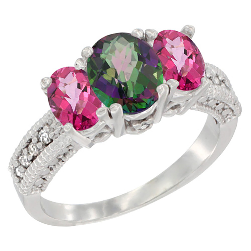 10K White Gold Diamond Natural Mystic Topaz Ring Oval 3-stone with Pink Topaz, sizes 5 - 10