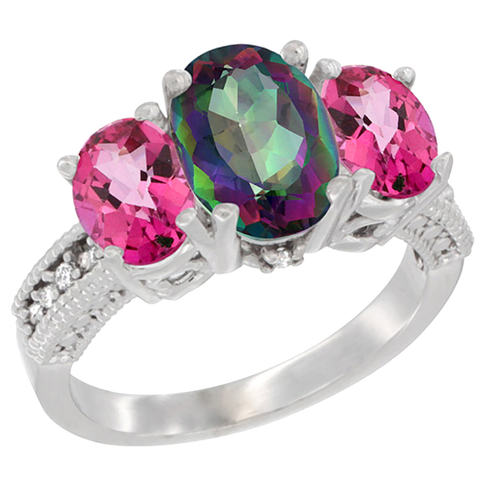14K White Gold Diamond Natural Mystic Topaz Ring 3-Stone Oval 8x6mm with Pink Topaz, sizes5-10