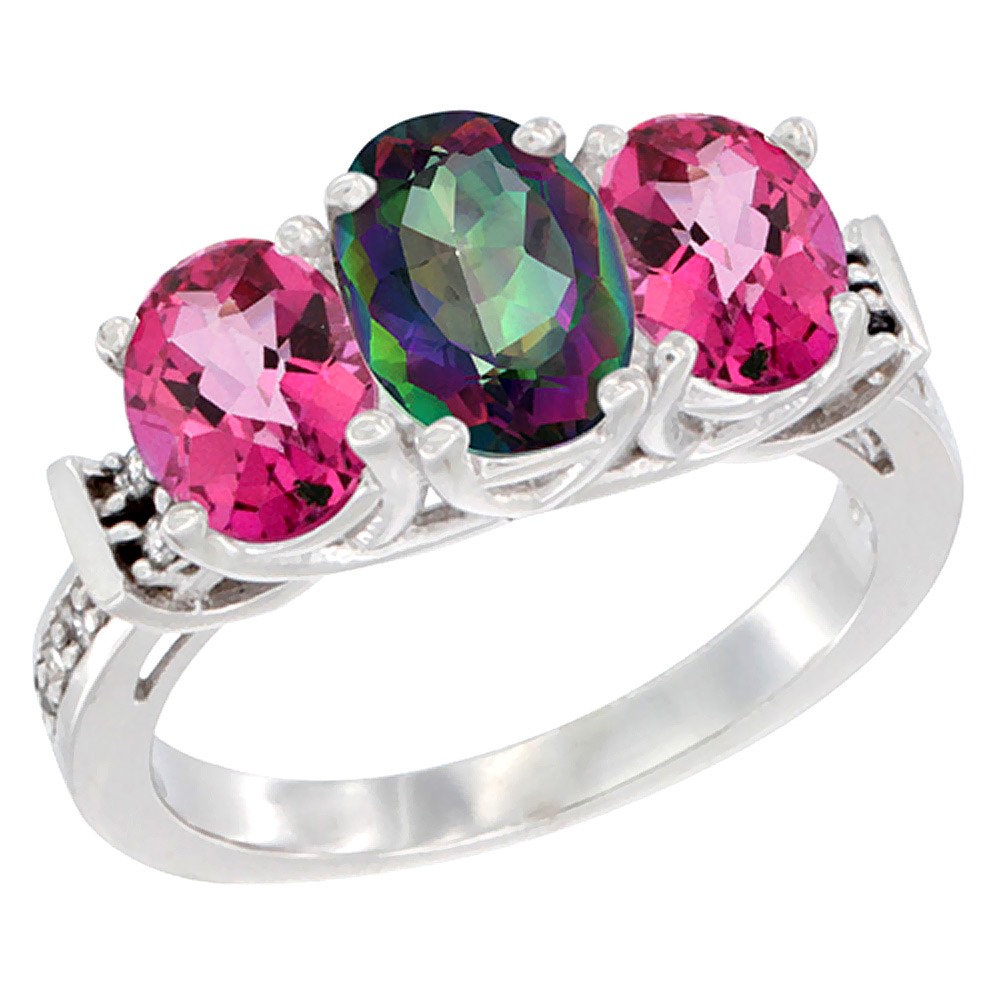 14K White Gold Natural Mystic Topaz & Pink Topaz Sides Ring 3-Stone Oval Diamond Accent, sizes 5 - 10