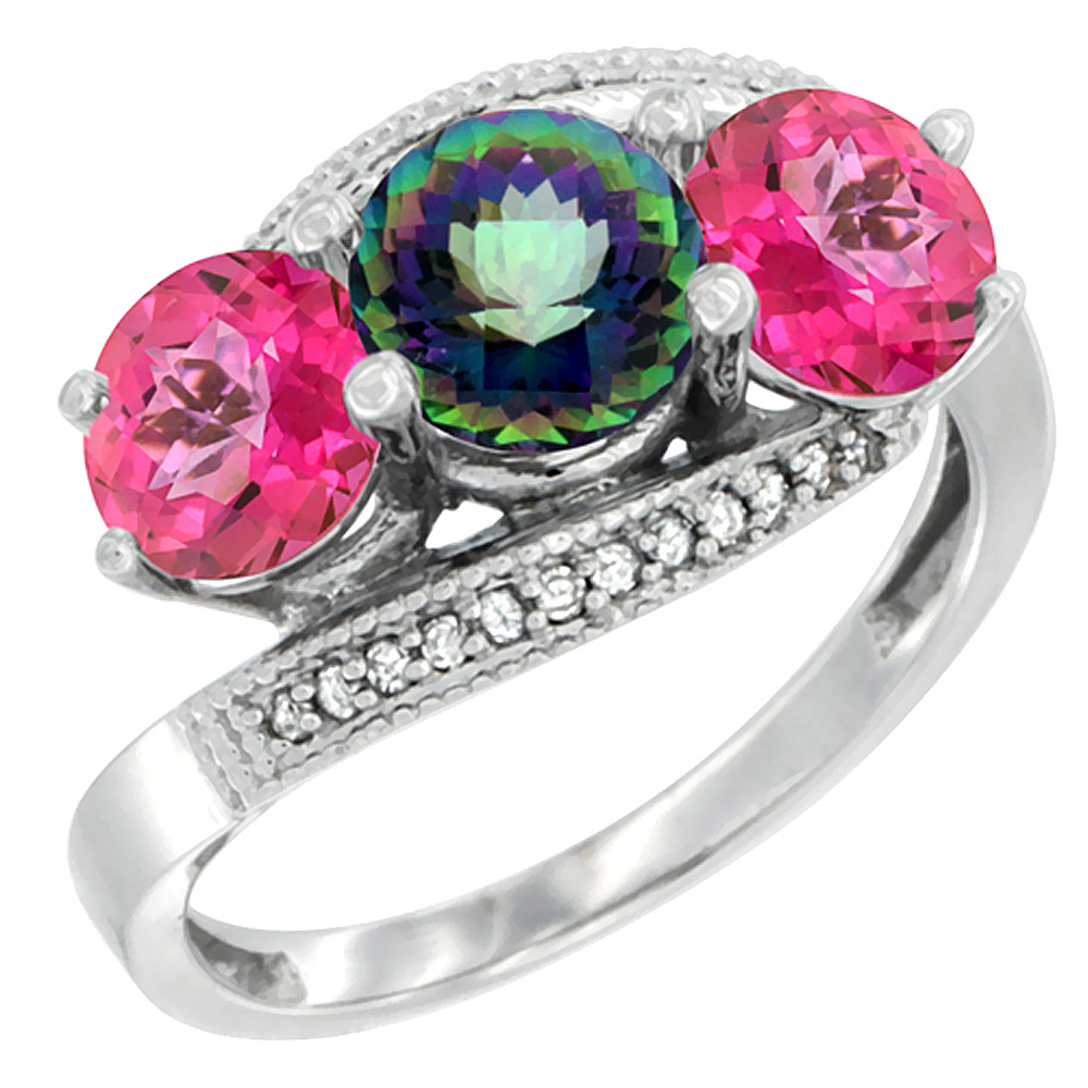 10K White Gold Natural Mystic Topaz & Pink Topaz Sides 3 stone Ring Round 6mm Diamond Accent, sizes 5 - 10