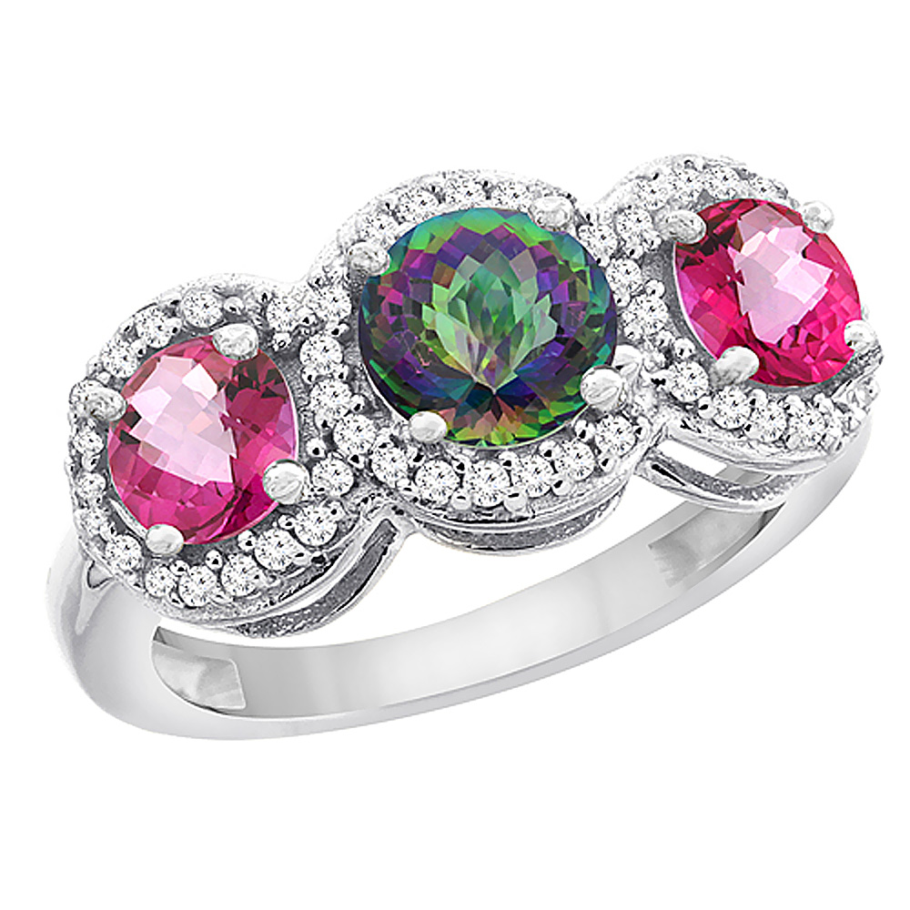 14K White Gold Natural Mystic Topaz &amp; Pink Topaz Sides Round 3-stone Ring Diamond Accents, sizes 5 - 10