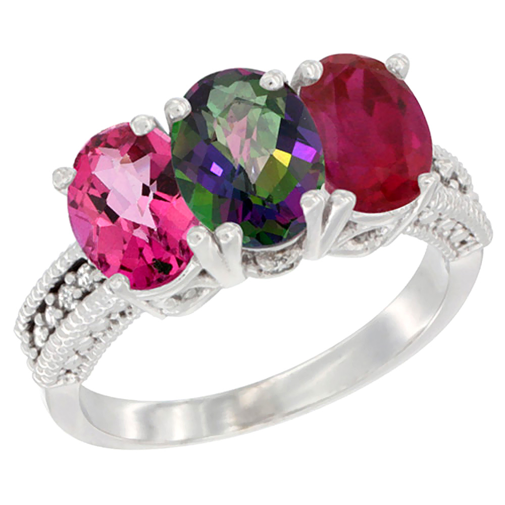 10K White Gold Natural Pink Topaz, Mystic Topaz & Ruby Ring 3-Stone Oval 7x5 mm Diamond Accent, sizes 5 - 10