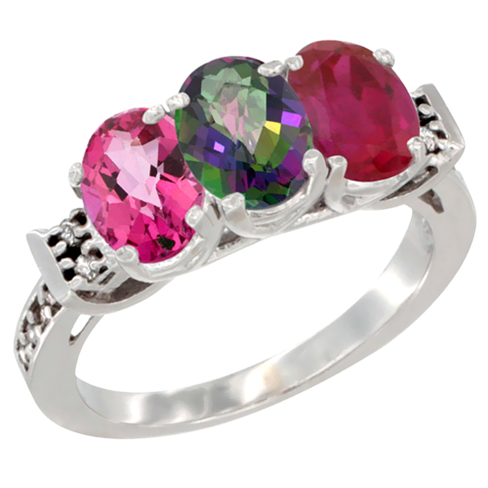 10K White Gold Natural Pink Topaz, Mystic Topaz & Enhanced Ruby Ring 3-Stone Oval 7x5 mm Diamond Accent, sizes 5 - 10