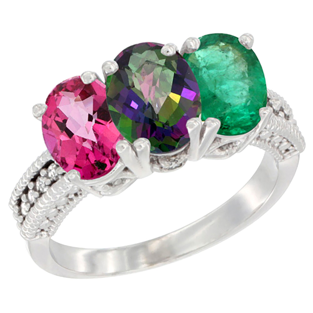 14K White Gold Natural Pink Topaz, Mystic Topaz &amp; Emerald Ring 3-Stone 7x5 mm Oval Diamond Accent, sizes 5 - 10