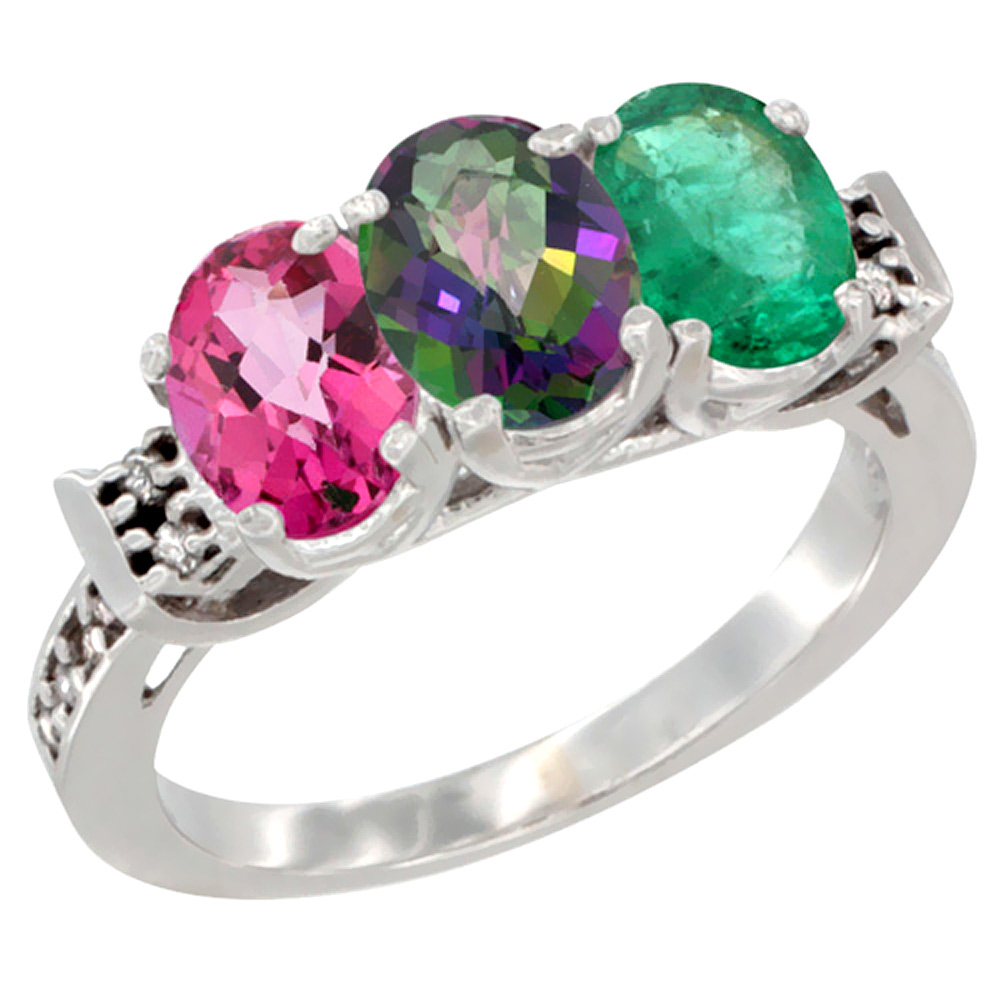 10K White Gold Natural Pink Topaz, Mystic Topaz & Emerald Ring 3-Stone Oval 7x5 mm Diamond Accent, sizes 5 - 10