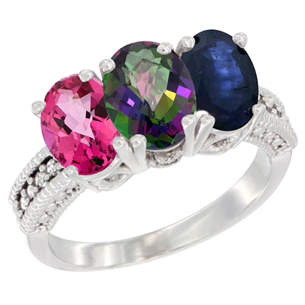 10K White Gold Natural Pink Topaz, Mystic Topaz &amp; Blue Sapphire Ring 3-Stone Oval 7x5 mm Diamond Accent, sizes 5 - 10