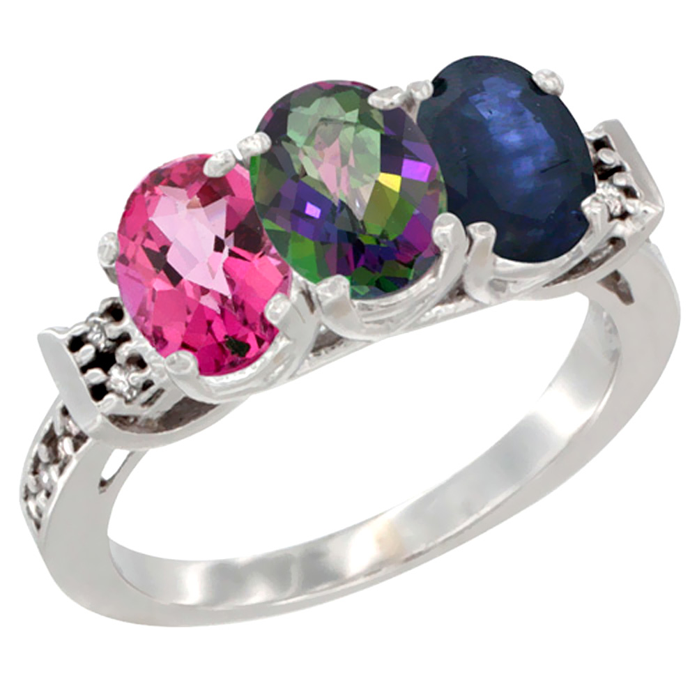 14K White Gold Natural Pink Topaz, Mystic Topaz & Blue Sapphire Ring 3-Stone 7x5 mm Oval Diamond Accent, sizes 5 - 10