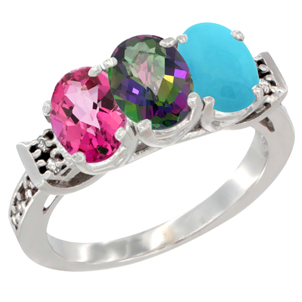 10K White Gold Natural Pink Topaz, Mystic Topaz & Turquoise Ring 3-Stone Oval 7x5 mm Diamond Accent, sizes 5 - 10