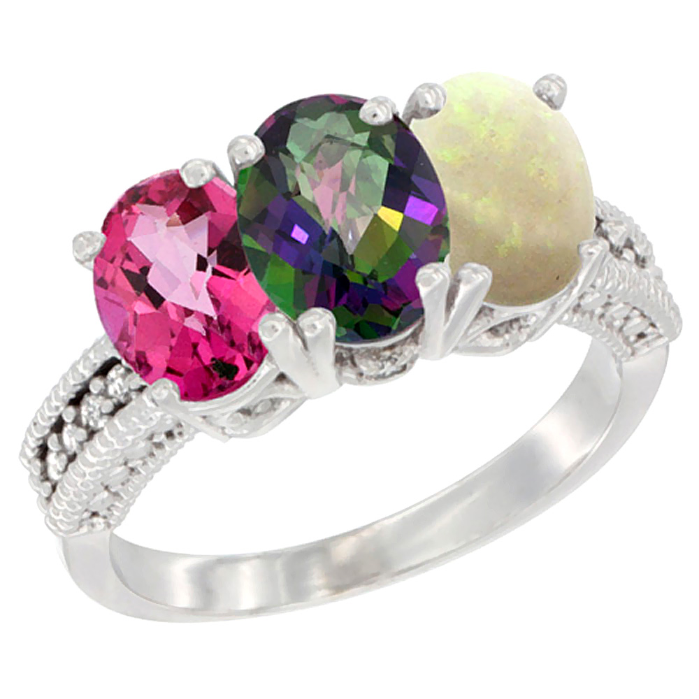 10K White Gold Natural Pink Topaz, Mystic Topaz & Opal Ring 3-Stone Oval 7x5 mm Diamond Accent, sizes 5 - 10