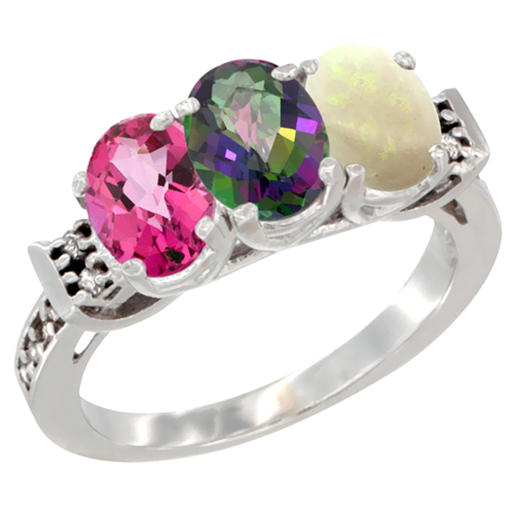 14K White Gold Natural Pink Topaz, Mystic Topaz & Opal Ring 3-Stone 7x5 mm Oval Diamond Accent, sizes 5 - 10
