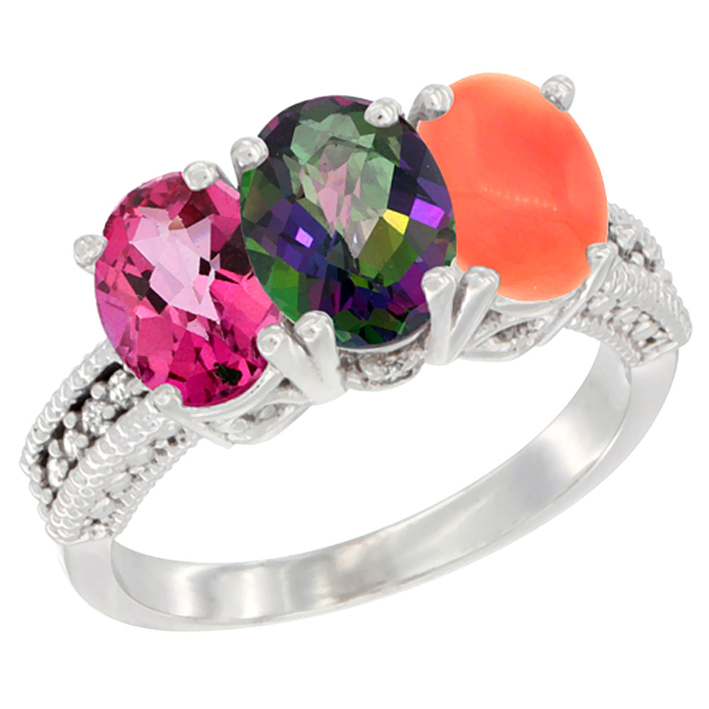 10K White Gold Natural Pink Topaz, Mystic Topaz & Coral Ring 3-Stone Oval 7x5 mm Diamond Accent, sizes 5 - 10