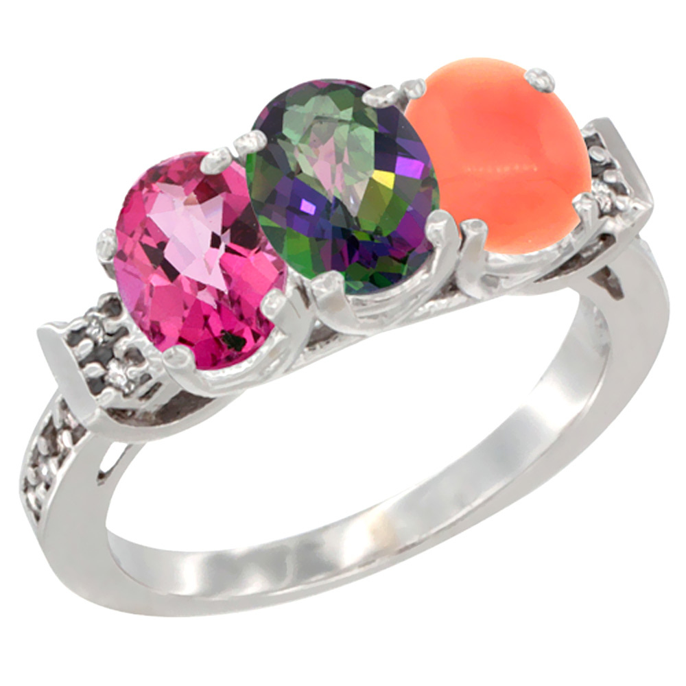 10K White Gold Natural Pink Topaz, Mystic Topaz & Coral Ring 3-Stone Oval 7x5 mm Diamond Accent, sizes 5 - 10