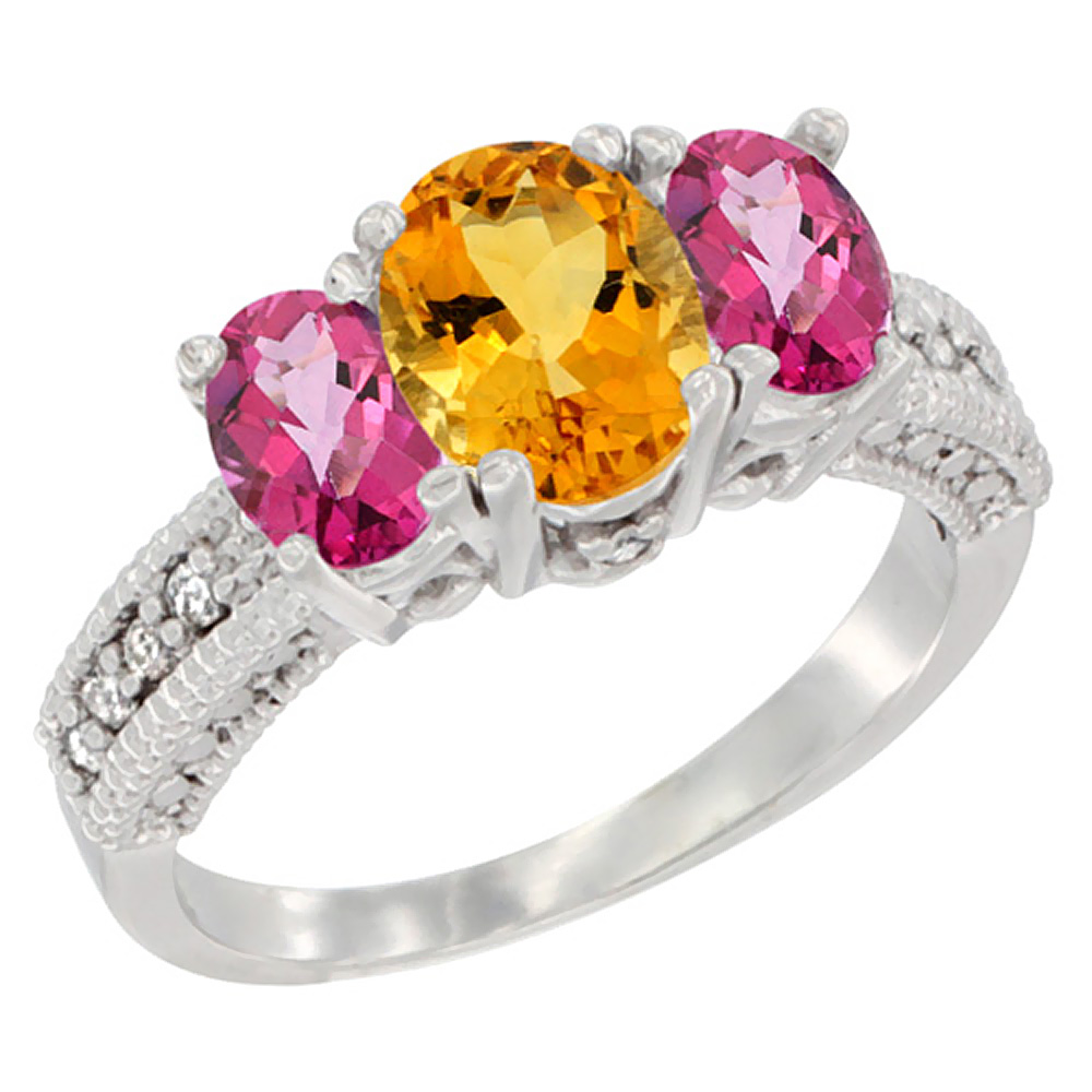 10K White Gold Diamond Natural Citrine Ring Oval 3-stone with Pink Topaz, sizes 5 - 10