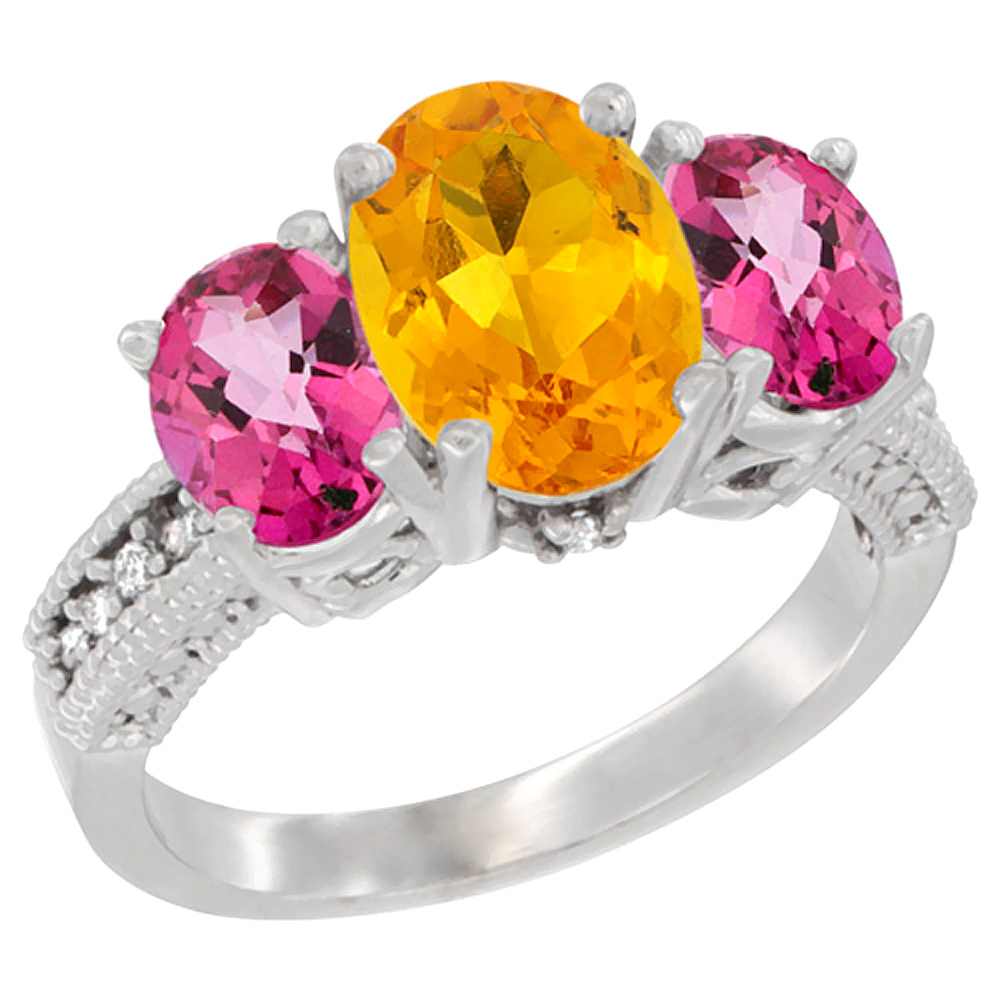 10K White Gold Diamond Natural Citrine Ring 3-Stone Oval 8x6mm with Pink Topaz, sizes5-10