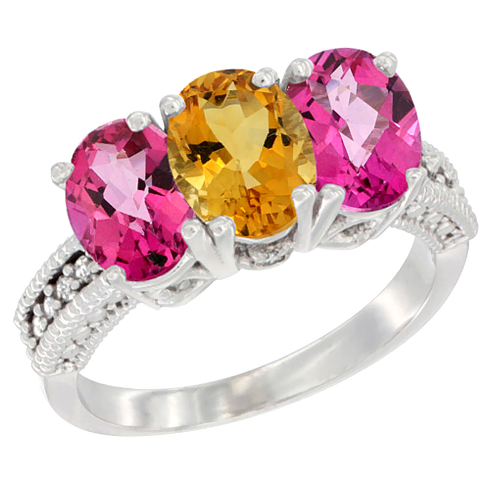 10K White Gold Natural Citrine & Pink Topaz Sides Ring 3-Stone Oval 7x5 mm Diamond Accent, sizes 5 - 10