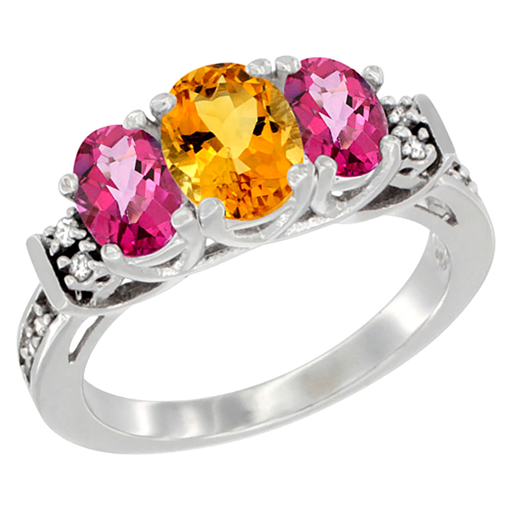 14K White Gold Natural Citrine &amp; Pink Topaz Ring 3-Stone Oval Diamond Accent, sizes 5-10