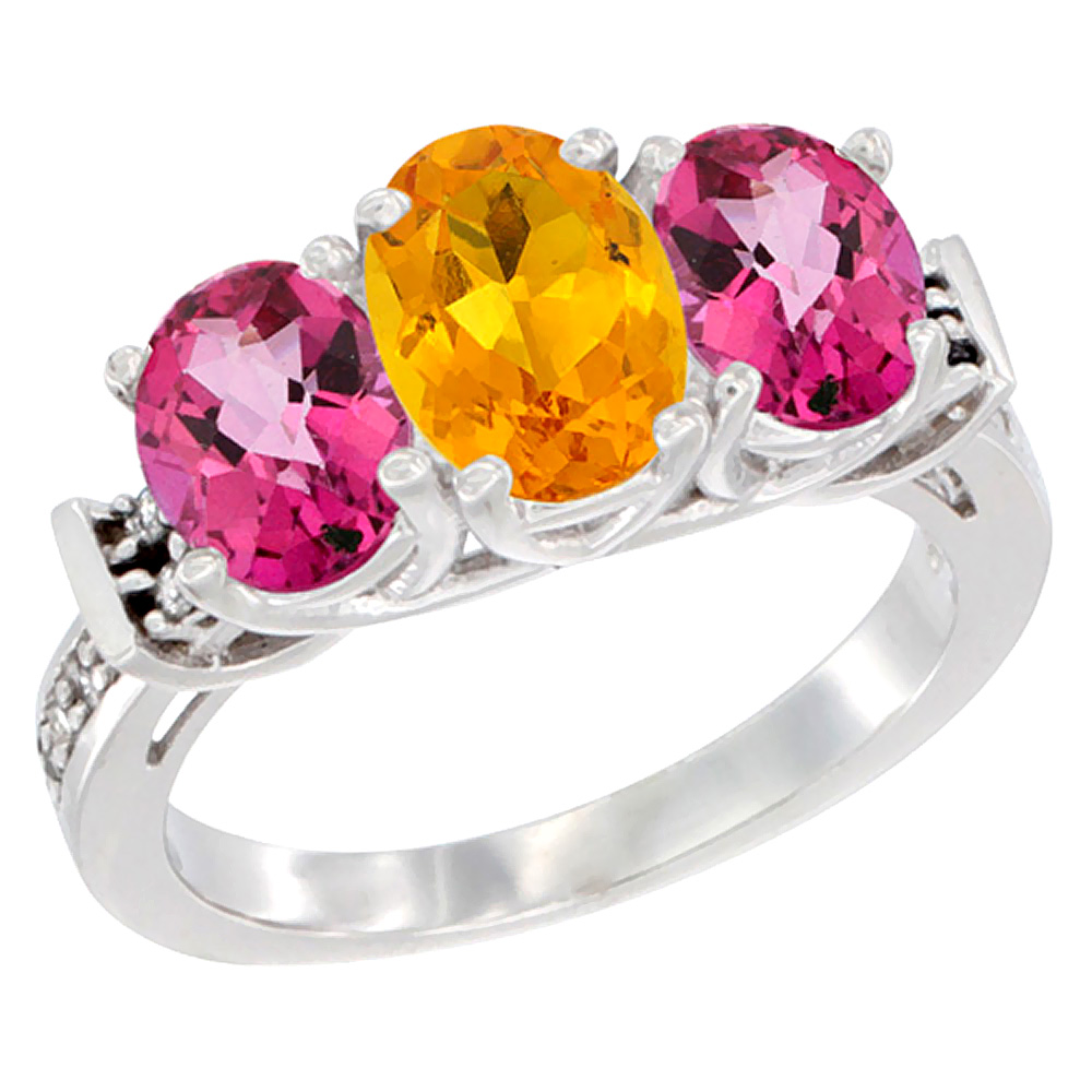 10K White Gold Natural Citrine & Pink Topaz Sides Ring 3-Stone Oval Diamond Accent, sizes 5 - 10