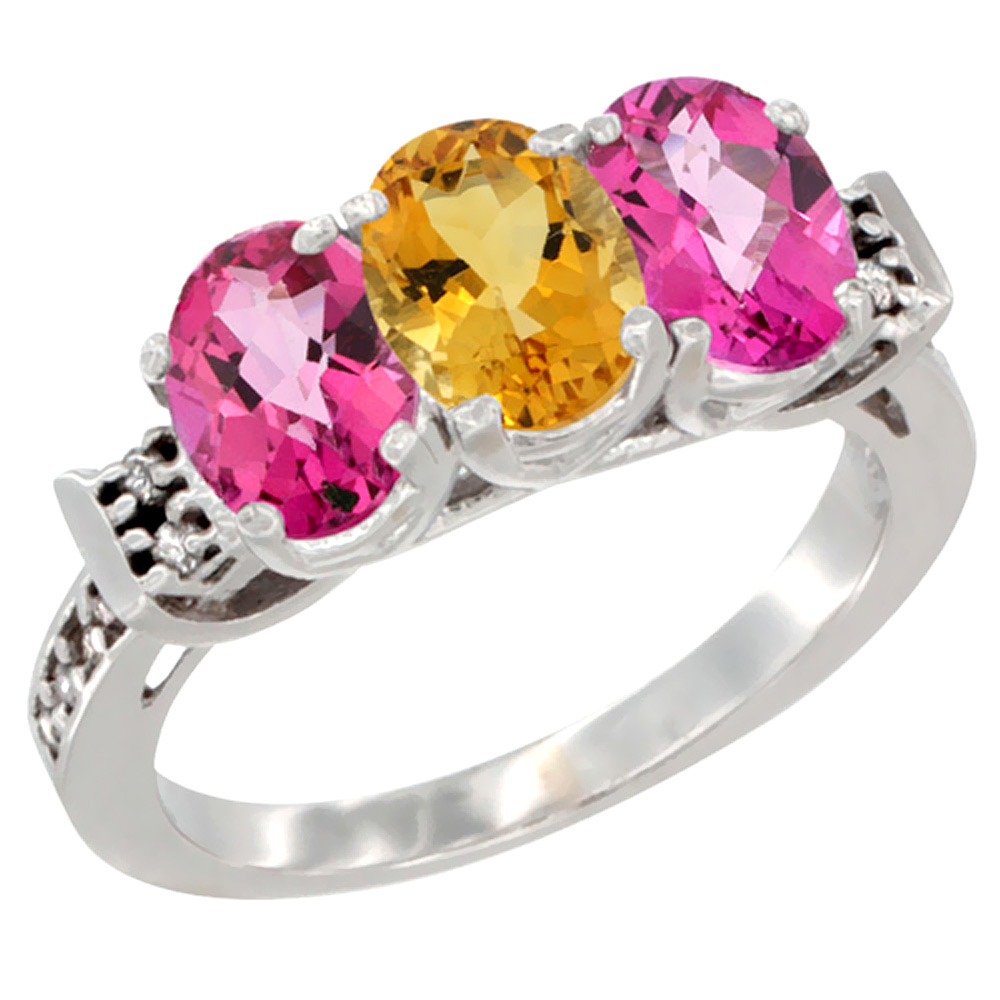 14K White Gold Natural Citrine & Pink Topaz Sides Ring 3-Stone 7x5 mm Oval Diamond Accent, sizes 5 - 10