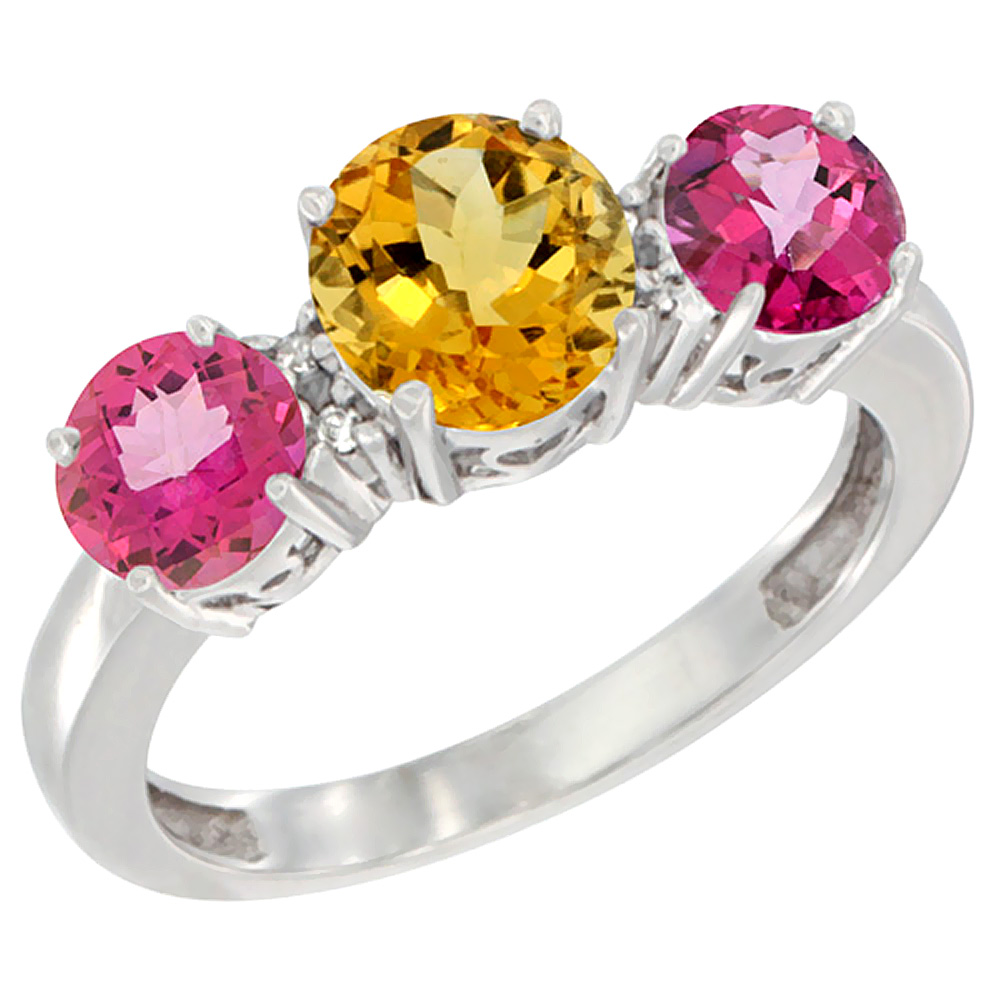 10K White Gold Round 3-Stone Natural Citrine Ring & Pink Topaz Sides Diamond Accent, sizes 5 - 10