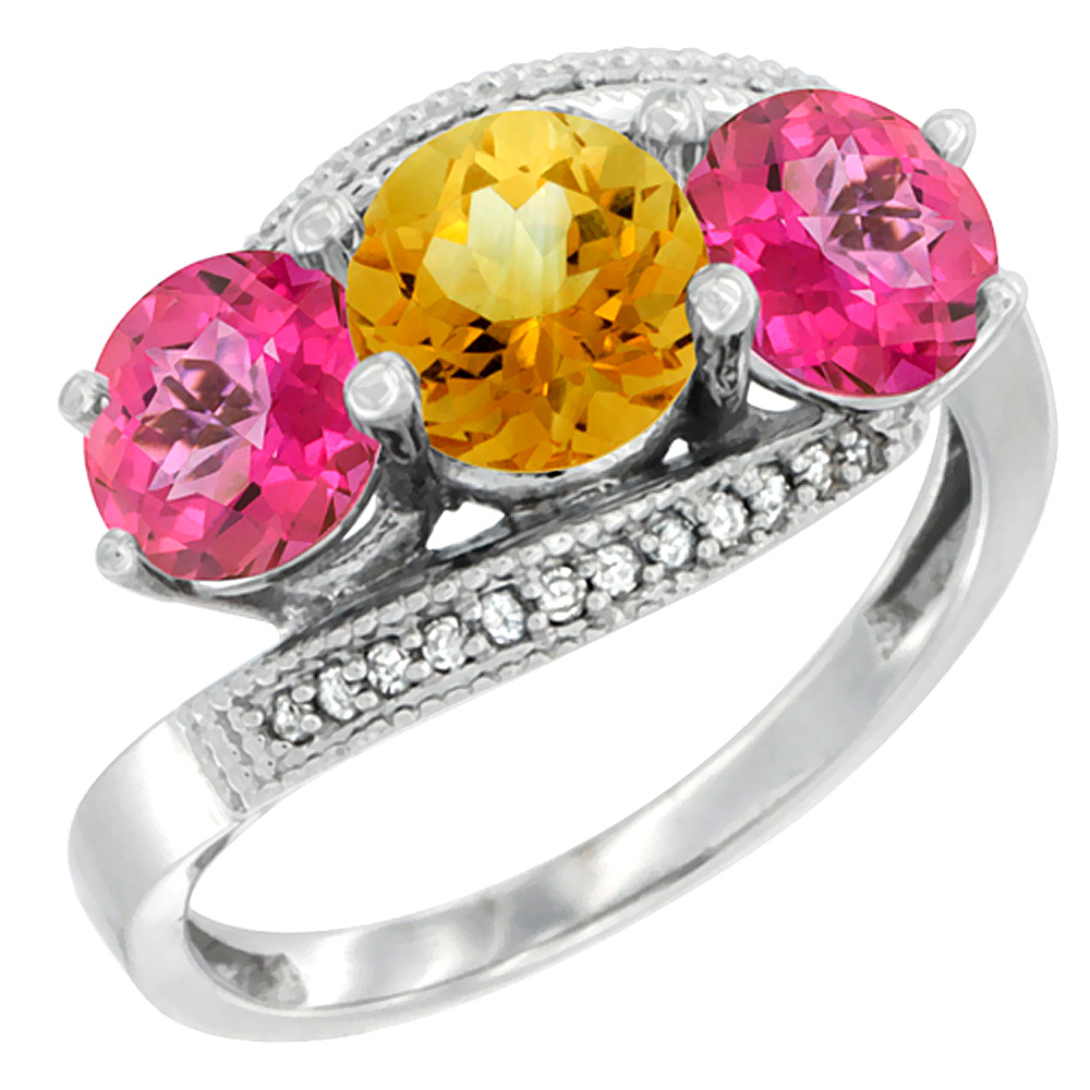 10K White Gold Natural Citrine &amp; Pink Topaz Sides 3 stone Ring Round 6mm Diamond Accent, sizes 5 - 10
