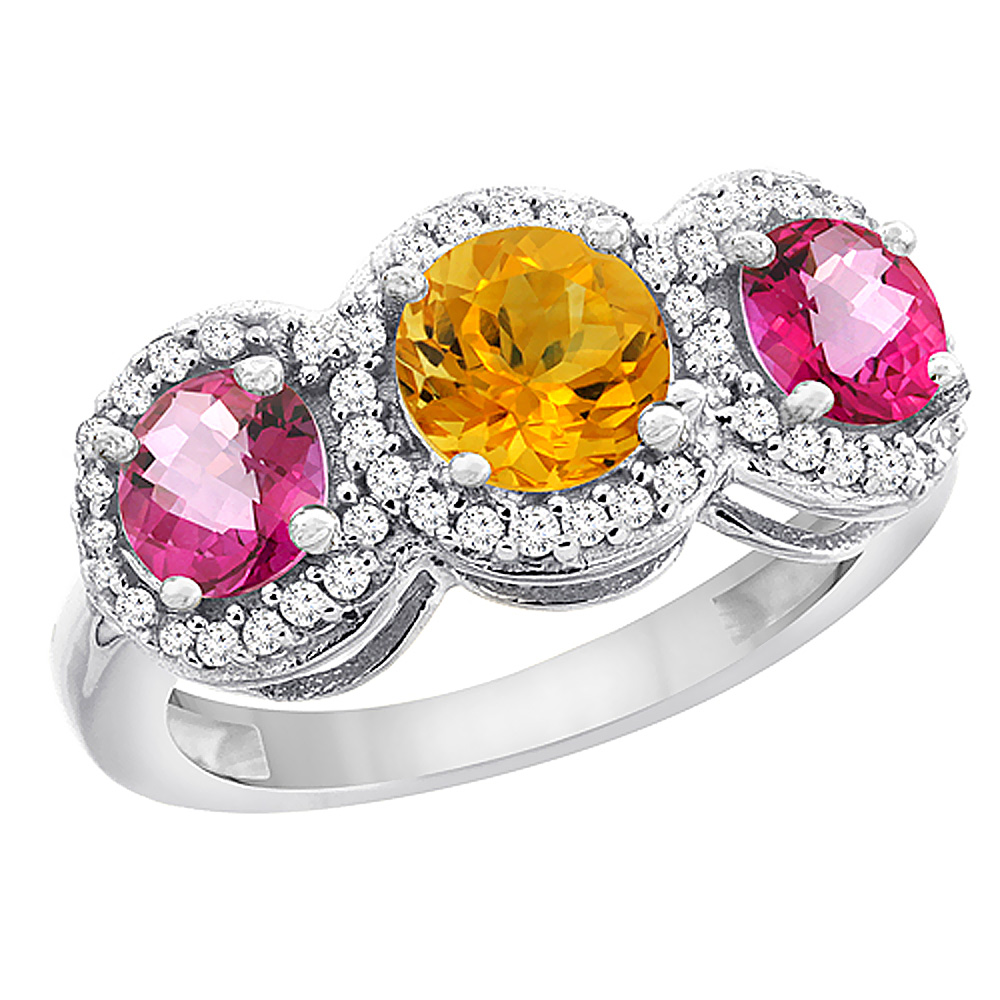 14K White Gold Natural Citrine & Pink Topaz Sides Round 3-stone Ring Diamond Accents, sizes 5 - 10