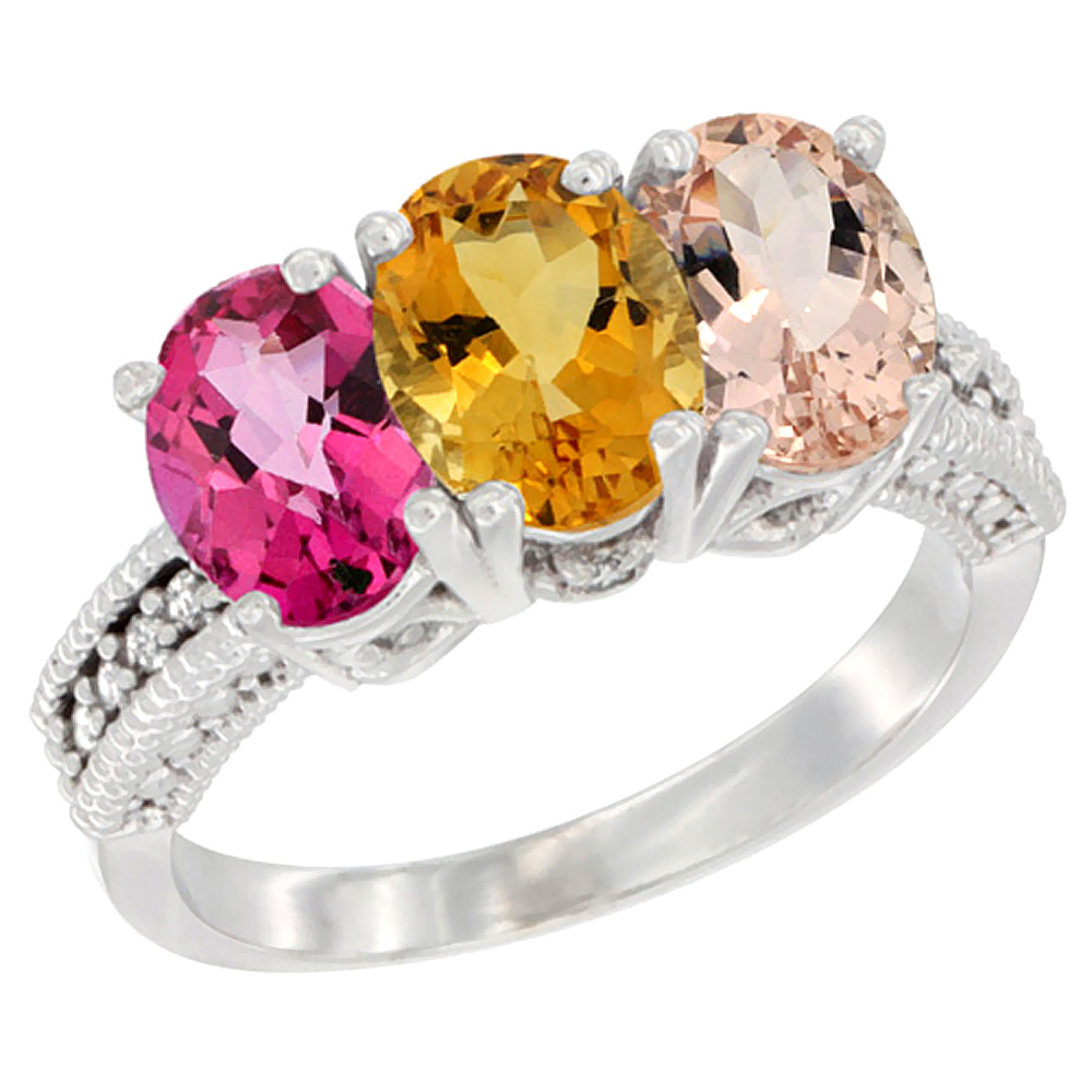 10K White Gold Natural Pink Topaz, Citrine &amp; Morganite Ring 3-Stone Oval 7x5 mm Diamond Accent, sizes 5 - 10