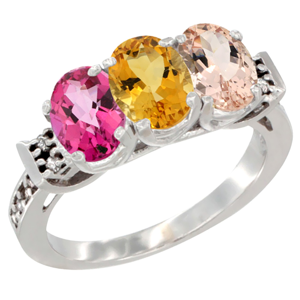 10K White Gold Natural Pink Topaz, Citrine & Morganite Ring 3-Stone Oval 7x5 mm Diamond Accent, sizes 5 - 10