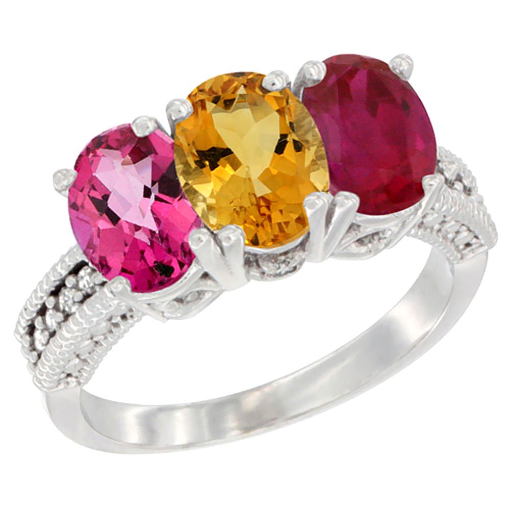 10K White Gold Natural Pink Topaz, Citrine &amp; Ruby Ring 3-Stone Oval 7x5 mm Diamond Accent, sizes 5 - 10