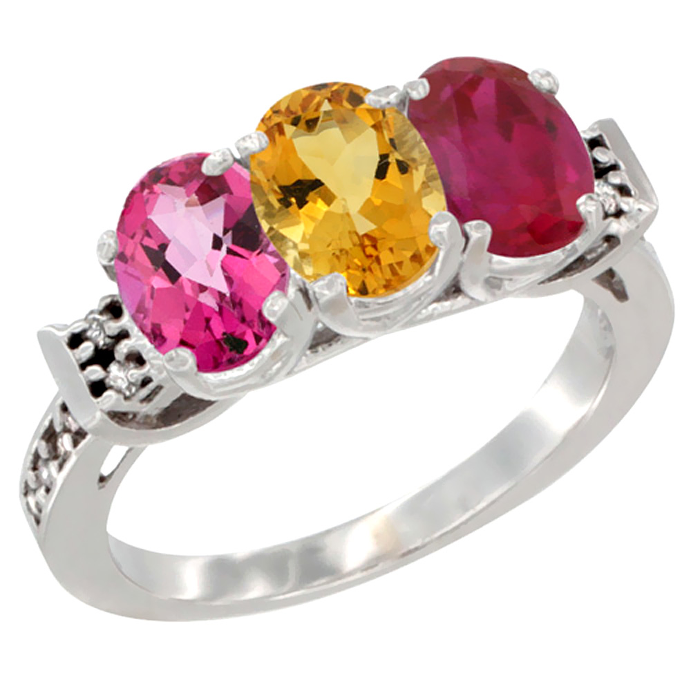 14K White Gold Natural Pink Topaz, Citrine &amp; Enhanced Ruby Ring 3-Stone 7x5 mm Oval Diamond Accent, sizes 5 - 10