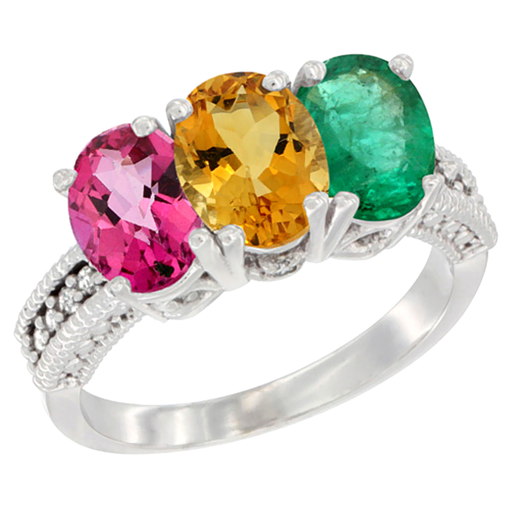 14K White Gold Natural Pink Topaz, Citrine & Emerald Ring 3-Stone 7x5 mm Oval Diamond Accent, sizes 5 - 10