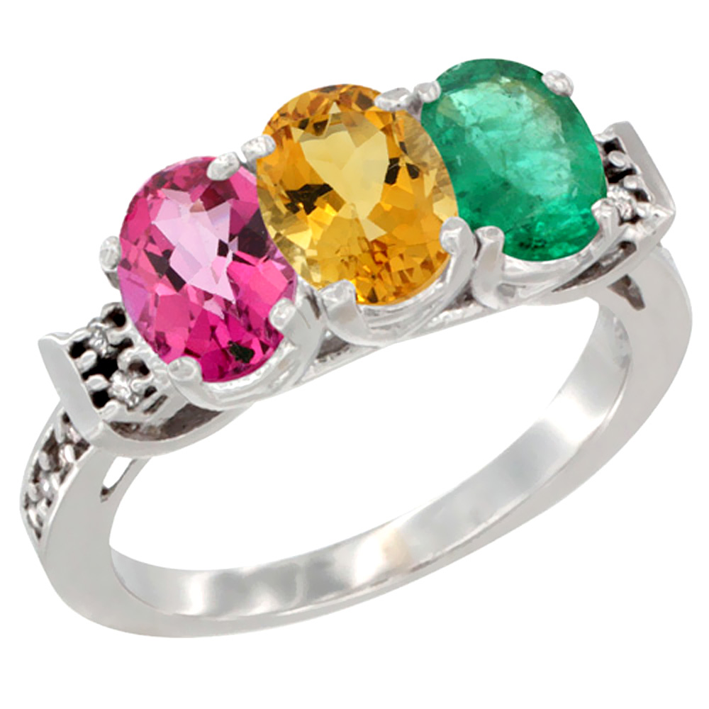 14K White Gold Natural Pink Topaz, Citrine &amp; Emerald Ring 3-Stone 7x5 mm Oval Diamond Accent, sizes 5 - 10