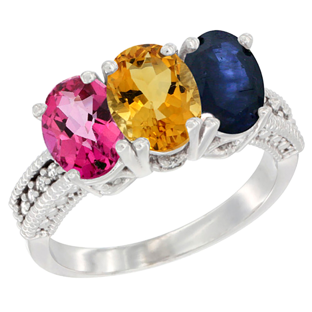 10K White Gold Natural Pink Topaz, Citrine &amp; Blue Sapphire Ring 3-Stone Oval 7x5 mm Diamond Accent, sizes 5 - 10