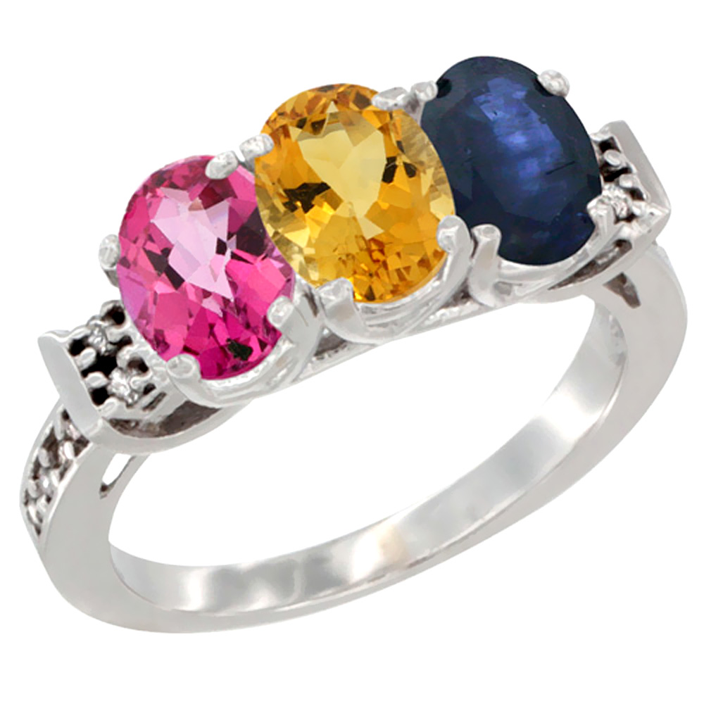 14K White Gold Natural Pink Topaz, Citrine & Blue Sapphire Ring 3-Stone 7x5 mm Oval Diamond Accent, sizes 5 - 10