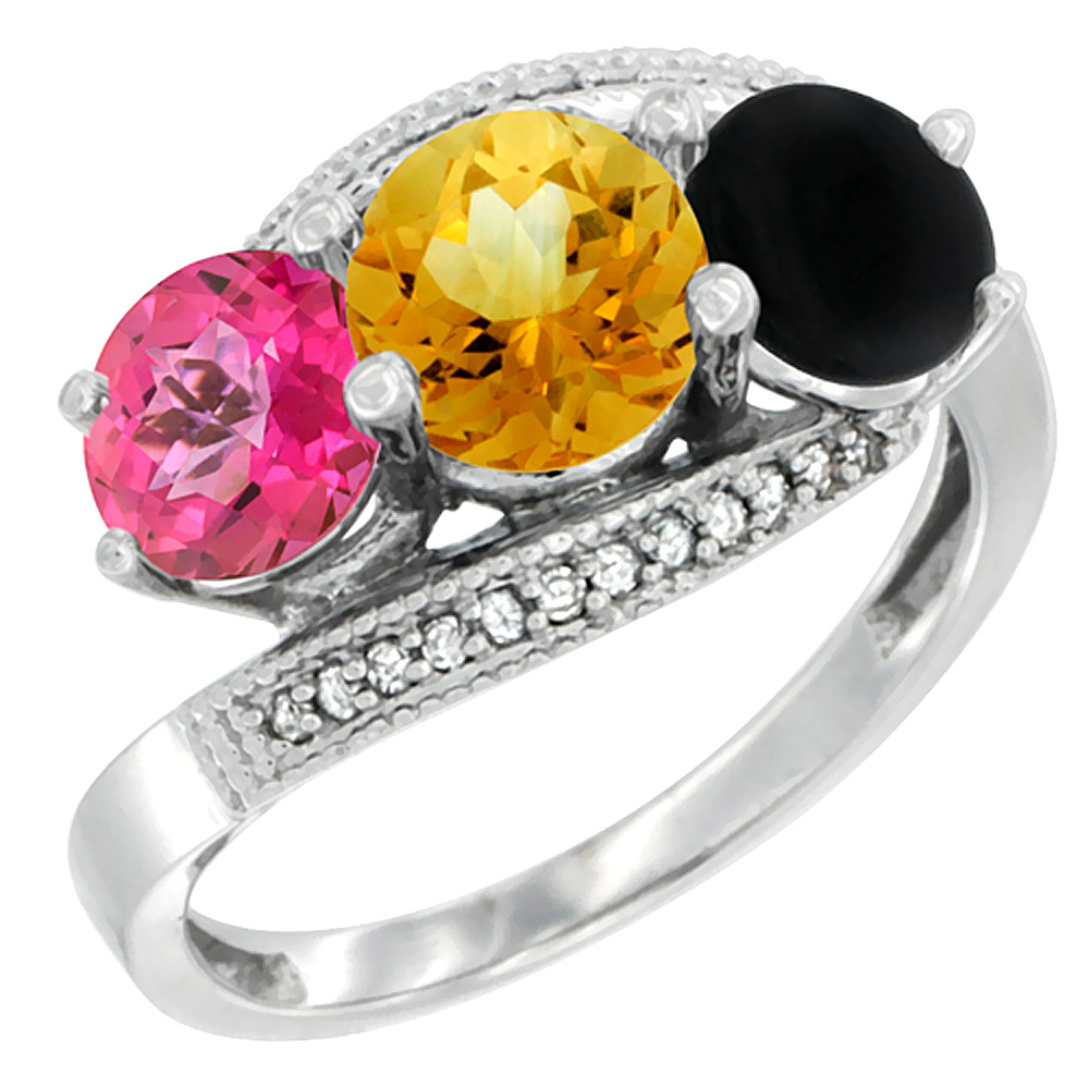 10K White Gold Natural Pink Topaz, Citrine & Black Onyx 3 stone Ring Round 6mm Diamond Accent, sizes 5 - 10