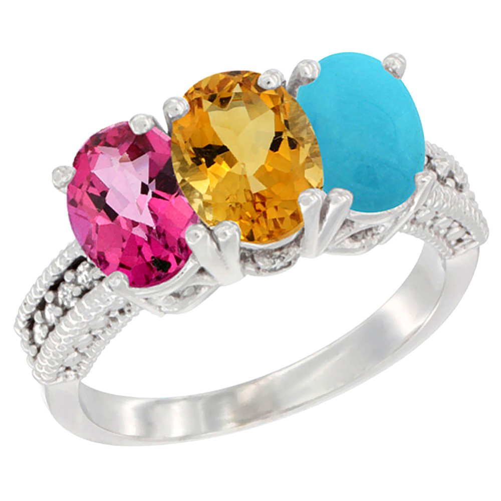 14K White Gold Natural Pink Topaz, Citrine & Turquoise Ring 3-Stone 7x5 mm Oval Diamond Accent, sizes 5 - 10