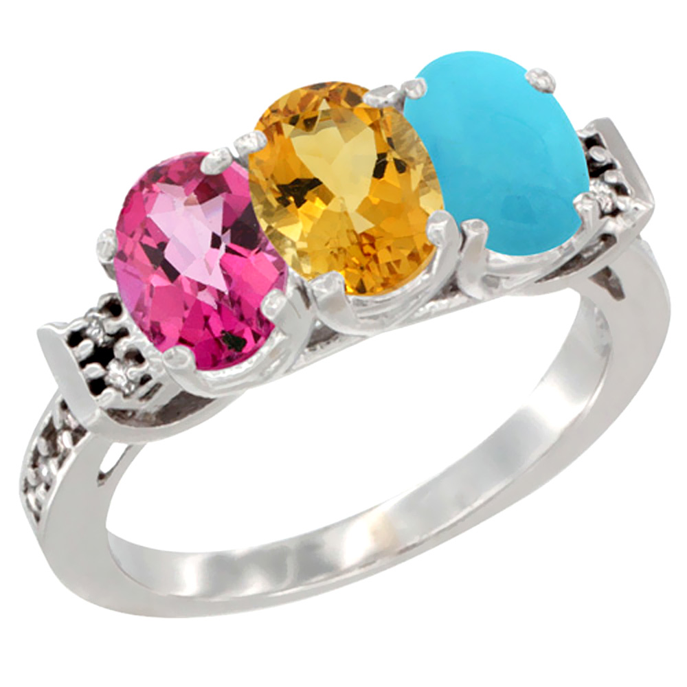 10K White Gold Natural Pink Topaz, Citrine &amp; Turquoise Ring 3-Stone Oval 7x5 mm Diamond Accent, sizes 5 - 10