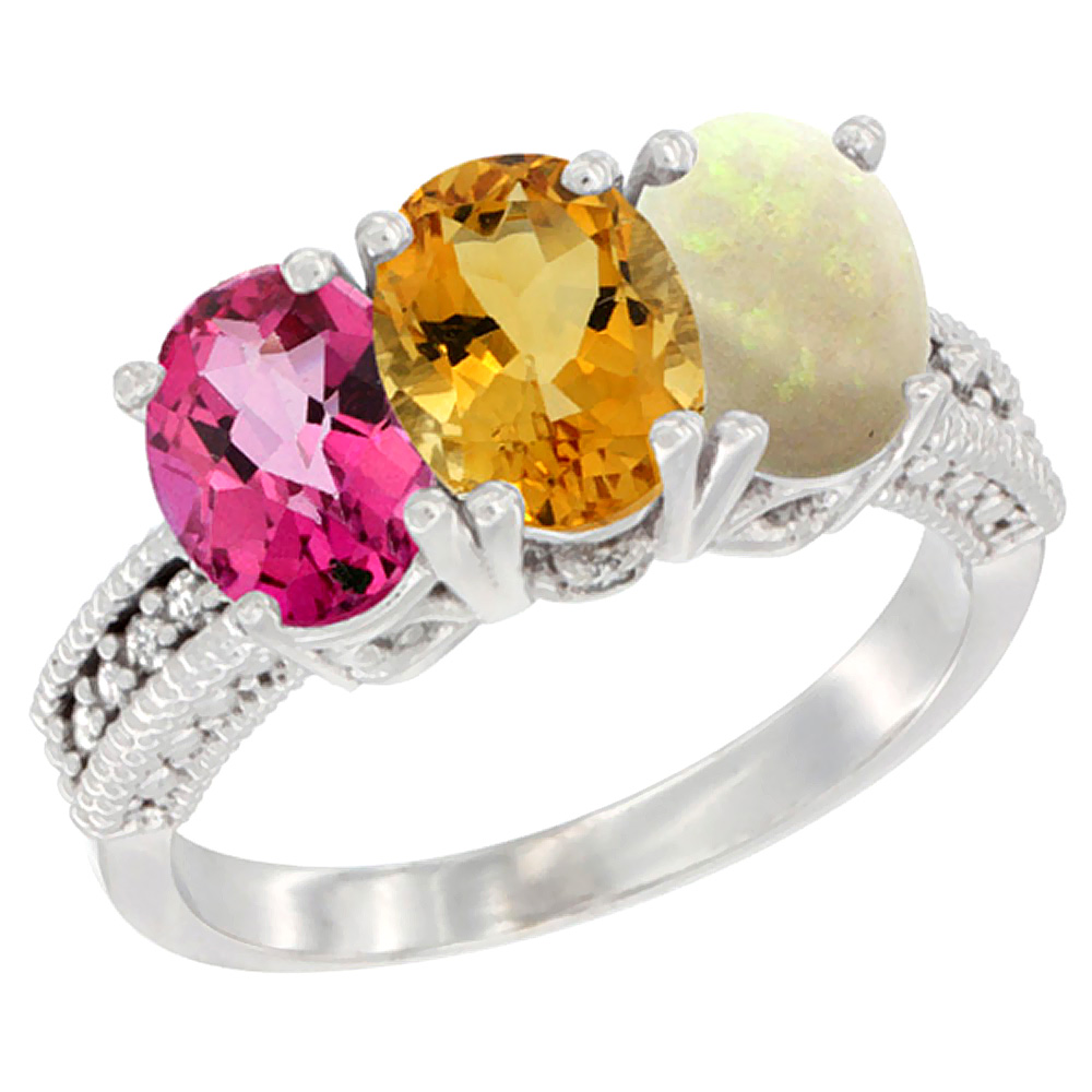 10K White Gold Natural Pink Topaz, Citrine & Opal Ring 3-Stone Oval 7x5 mm Diamond Accent, sizes 5 - 10